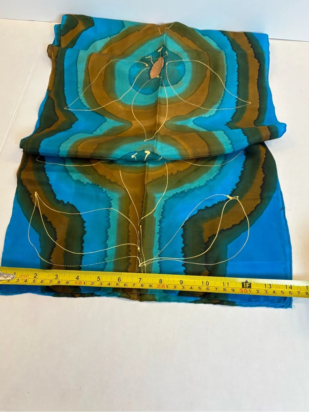 Vintage Luciano Micallef Silk Scarf Hand Painted Blue Green Flower Art Panel 54x